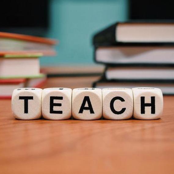 Dadi con scritta Teach e libri sullo sfondo - Immagine tratta da Pixabay